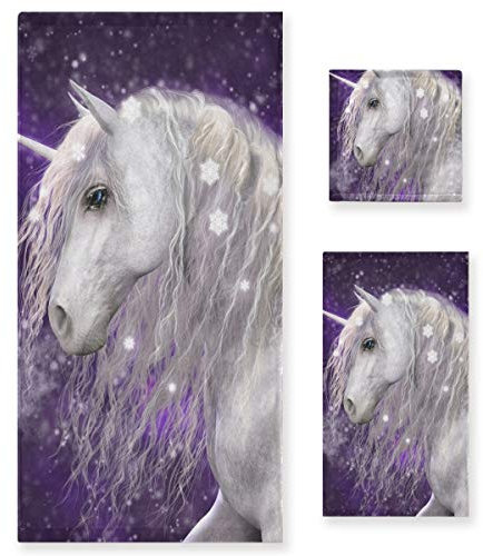 MNSRUU Ensemble de serviettes de bain et gants de toilette - Motif licorne blanche - Pour femme et fille - Accessoire de salle de bain absorbant