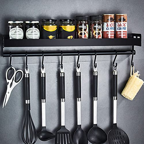Amzeeniu Küchenregal, Wandmontage, ohne Bohren, Handtuchhalter, Gewürzregal, Küchenregal, 6 abnehmbare Haken für den Flur des Badezimmers der Küche (schwarz)
