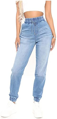 CME SHOWU Jean Taille Haute pour Femme avec Cordon de Serrage, Taille élastique, Extensible, Bleu, Taille XL