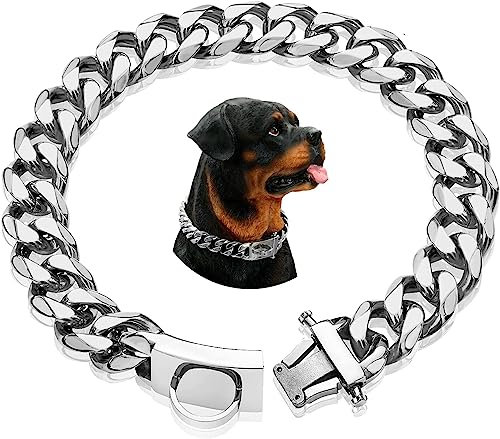 Nicoone Cuban Link Hundehalsband, Silberkette, Hundehalsband, 15 mm breit, kubanische Gliederkette, Halsband mit Metallschnalle, D-Ring, Welpenkostüm,16 Zoll