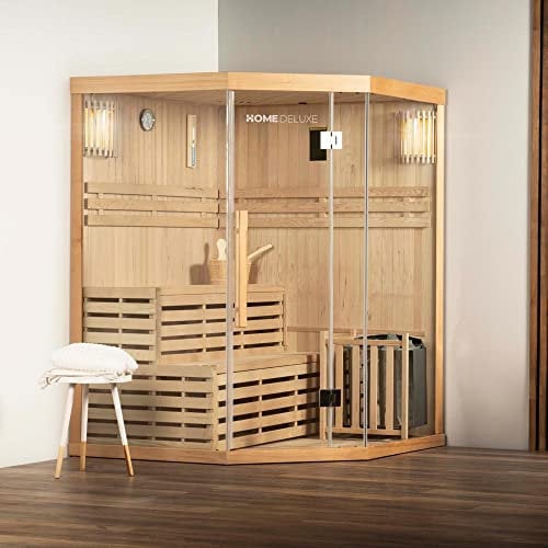Home Deluxe - Traditionelle Sauna - Skyline XL - 150 x 150 x 200 cm - für 2-3 Personen, Hemlocktanne, inkl. Saunaofen, Saunazubehör I Dampfsauna Aufgusssauna Finnische Sauna Bio Sauna
