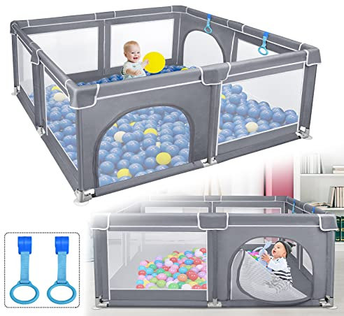 LZQ Laufstall Baby Laufgitter, Baby Zaun Schutzgitter mit Rutschfester Basis, Atmungsaktivem Stabiler Absperrgitter Spielzaun Aktivitätszentrum für Kinder, Dunkelgrau (127x127x68cm)