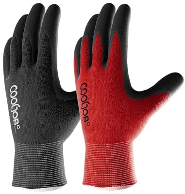 COOLJOB Work Gloves, 2 Pairs Gardening Gloves for Men, Breathable Rubber Coated Work, Working Large Size Fits Most, Black & Red (L)