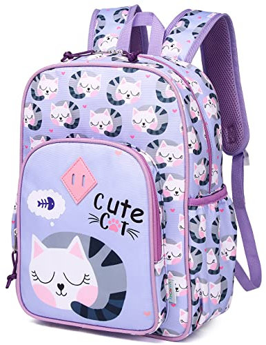 VASCHY Leichter Rucksack für Jungen und Mädchen, 11,5 l, wasserabweisend, mit reflektierendem Brustgurt, elastische Flaschentaschen, Kindergarten, Violette Katzen, Taille unique, Daypack Rucksack