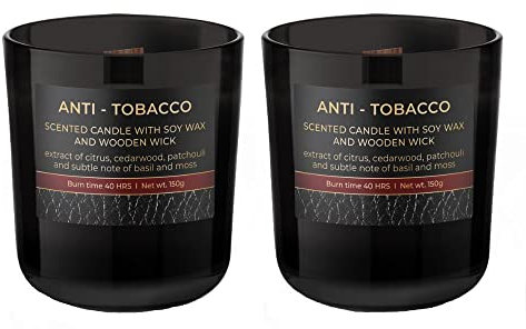 Dekohelden24 Duftkerze/Windlicht/Kerze im Glas - 2er Set/Duftrichtung Anti - Tobacco, L/B/H 8,5 x 8 x 8,5 cm, 150g