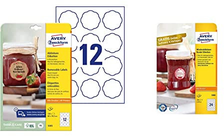 AVERY Zweckform Marmeladenetiketten Art. 5085 (120 Aufkleber ablösbar, 60x59,5mm auf A4, Blumenform, ideal für Einmachgläser, Gebäcktüten)10 Blatt weiß & Marmeladenetiketten Art. 5080, 10 Blatt weiß