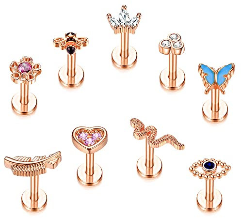 Kakonia Cartilage Earring Stud 16G Stainless Steel Internally Threaded CZ Flower Heart Bee Butterfly Snake Helix Tragus Conch Labret Monroe Medusa Lip Piercing Jewelry Rose Gold 6MM