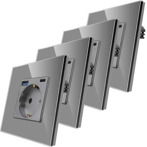 4er-Pack CNBINGO Glas Steckdose mit USB Ports (Typ-C und Typ-A unterstützung 20W Schnellladen) - Einfach Steckdose Unterputz in Grau - Schuko Schutzkontakt Wandsteckdose mit Glasrahmen