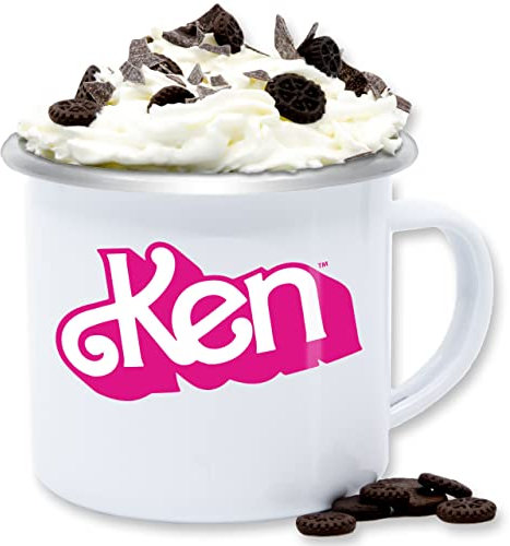 Emaille Tasse Blechtasse - Barbie - Ken Logo - 300 ml - Weiß Silber