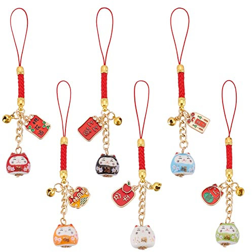 WEBEEDY 6 Pcs Chat Chanceux Faisant Signe Au Chat Porte-clés Pendentif Japonais Maneki Neko Chat Breloque Mascotte Pendentifs Pendentifs de Fortune