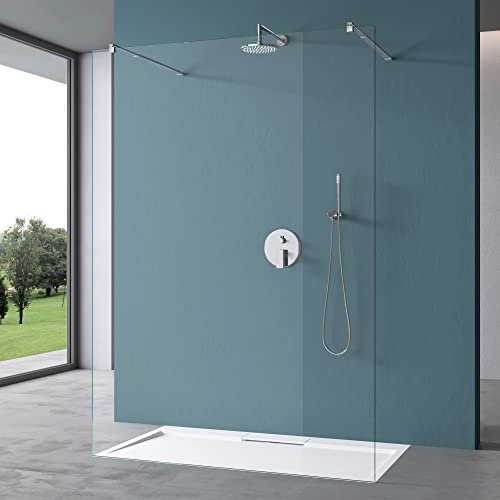 Mai & Mai Duschwand Duschabtrennung 2 Haltestange für Walk-In Dusche 140cm 8mm Klarglas ESG-Sicherheitsglas mit Nanobeschichtung Rechteckiger Stabilisator Bremen01K+2