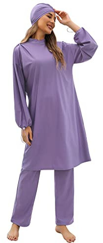 IMEKIS Damen 3tlg Modest Bademode Muslimischen Badebekleidung Islamischen Arabischen Badeanzug Langarm Tankini mit Hijab voller Abdeckung Burkini Schwimmanzug Lila M