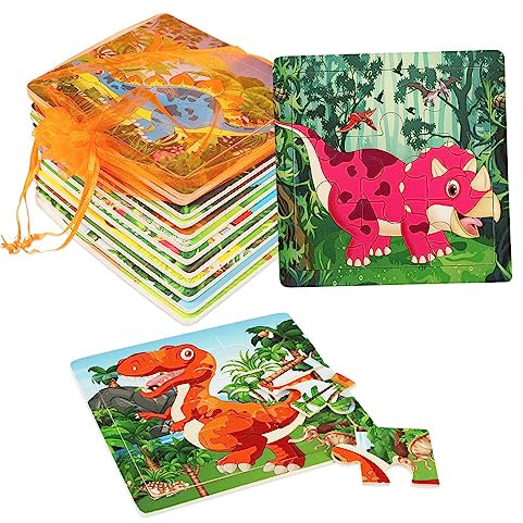 SANNIX 12 Holz-Puzzle-Puzzles mit 12 Organisieren Taschen, Dinosaurier und Tiere Kleinkinder Puzzles für Kinder Alter 3-6, Party Favors Pädagogisches Lernen Reise-Spielzeug für Jungen