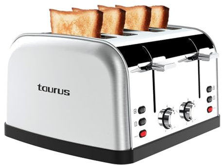 Taurus – Tostador Vintage Four, 1900W, 4 ranuras 135 x 35 mm, 7 niveles, 3 funciones, Controles independientes, Inox, Autocentrado, Recogemigas, Elevación extra, Recoge cables, Gris
