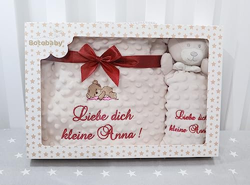 BotoBaby ★ GESCHENKSET Babydecke mit Namen und Datum Bestickt + Schmusetuch ★ Geschenk ★Geburt ★ Taufe ★ (Set 4)