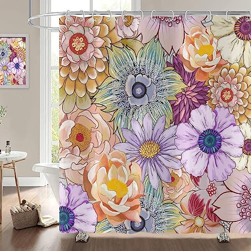 Hnmdmyi Rideau de Douche Boho Fleurs 180x200, Bohème Coloré Vintage Blossom Art Esthétique, Baignoire Imperméable Polyester Tissu Lavable avec Crochets