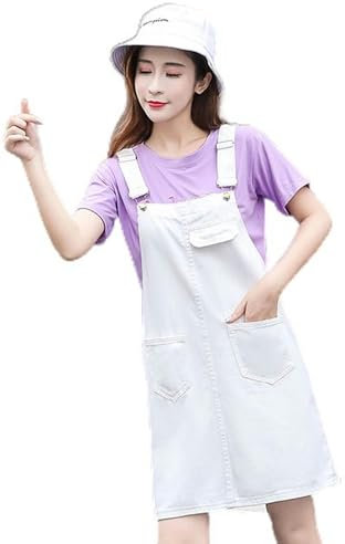 AYAZER Harajuku-Jeanskleid für Damen, Sommer, ärmellos, Hosenträger-Jeanskleid, lässig, Schwarz und Weiß, große Mädchenweste, S-5XL, Weiß-5XL