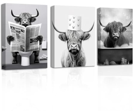 CXHOSTENT Highland Cow Badezimmer Dekoration Kuh in der Badewanne Bild auf Leinwand lustige Kuh in der Toilette Kunstdrucke Schwarz Weiß Tierbild (A, 28.00 x 35.00 cms x 3PCS)