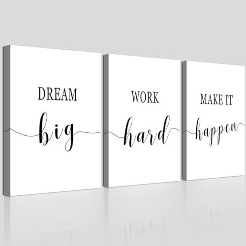 Schwarz-weiße Leinwand-Wandkunst Motivierende Bürodekoration Zitate Dream Big Work Hard Make It Happen Inspirierende Bilder für modernes Büro, Zuhause, Fitnessstudio, Schlafsaal, Arbeitsplatz,