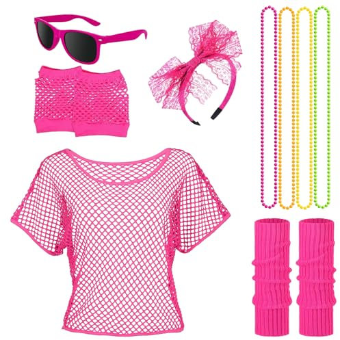 80er Jahre Outfit Damen, 90er Jahre Outfit Damen, 80er Jahre Accessoires mit Netzshirt, Beinwärmer, Netzhandschuhe, Netzhandschuhe, Stirnband und Neon Brille, Retro Neonrosa Fasching Party Karneval