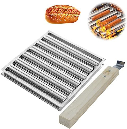 Hot Dog Grillroller, BBQ Wurst Grillgestelle Hot Dog-Maschinen Wurst Rolle Grill mit Extra Langem Holzgriff Grill für Gleichmäßig Gekochte 5 Hot Dog Kapazität