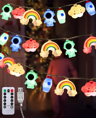 AceList Lichterkette Kinderzimmer, 3M 20 LED Lichterkette Kinder Mit Batterie und Timer USB, Bunt 8 Modi Lichterkette Astronaut Rakete Wolken Regenbogen für Kinderzimmer, Geburtstagsparty Wanddekor