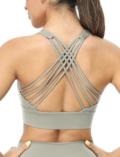 icyzone Damen Sport-BH Gepolstert Ohne Bügel Yoga Bra Gekreuzt Rücken Sport Gym Fitness BH (Earth Gray, L)