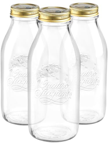 Bormioli Rocco 3X 1L Quattro Stagioni Glasflaschen mit Schraubdeckel - Klar Wiederverwendbar Saft Wasser Smoothie Getränk Kühlschrank Lagerbehälter