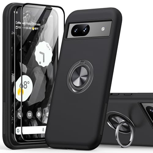 KOVASIA for Google Pixel 8A Case with 2-Pack Screen Protector, 360° Rotating Metal Ring Stand Anti-Scratch Shockproof Phone Cover 3-in-1 Set Phone Case for Google Pixel 8A 6.1, Black