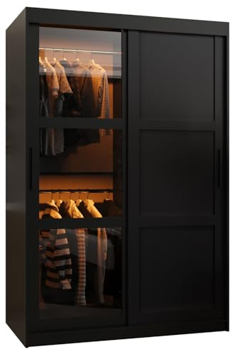 MEBLE KRYSPOL Dome 3 Schrank mit Zwei Schiebetüren, Stangen und Regalen - Aufbewahrungsschrank mit Rauchglas für Schlafzimmer, Wohnzimmer - 200x120x62cm - Schwarz, Schwarz, Schwarz