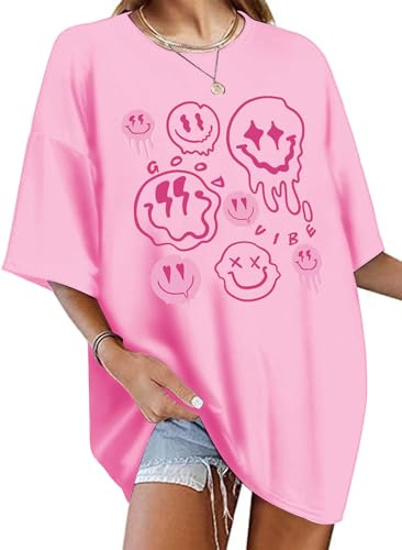 WIEIYM Damen Oversize T Shirt mit Rundhals Tshirt Damen Oversized Lose Kurzarm T-Shirts Sommer Tops Shirt Oberteile Frauen Gedruckt Lässig Oberteile Top Bluse,Blassrosa,L