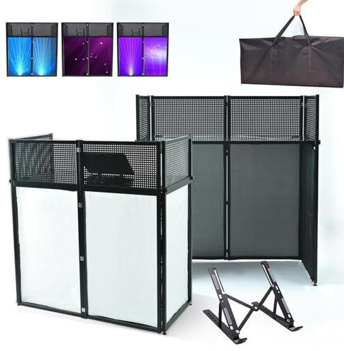 XGHDPBM Tragbare, Faltbare Fassaden-Tischstation for DJ-Event-Kabine, 40 * 40 * 20 Zoll DJ-Disco-Kabine, Standmixer-Regal, stehender DJ-Tisch mit Metallrahmen, weißer und schwarzer Stoff, gepolsterte