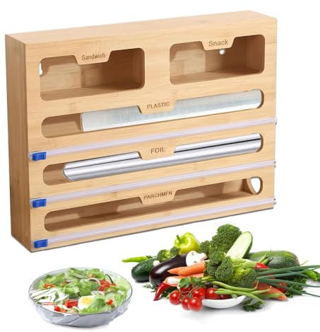 Cerkkapo Folienspender Aus Bambus, 5 in 1 Folienschneider, Alufolienspender und Frischhalte, Frischhaltefolie Abroller, Frischhaltefolienspender für Küche, Folienspender Schublade, Folienabroller