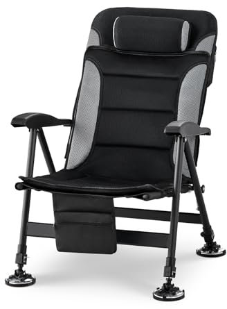 TUKAILAi Camping Chair Folding Fishing Chair Up to 150KG Camping Chairs for Adults with High Back, Removable Headrest, Adjustable Backrest Portable Beach Fishing outdoor Picnic Dining (Black+Grey)