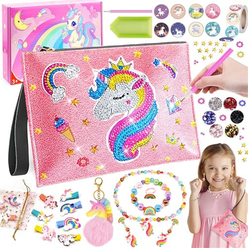 Einhorn Geschenke für Mädchen, Geschenke Mädchen 6-12 Jahre Schmuck Haaraccessoire Set Enthält Halsketten Armbänder Ohrringe Haarnadeln usw, Geburtstagsgeschenk für Mädchen Kleine Kosmetiktasche