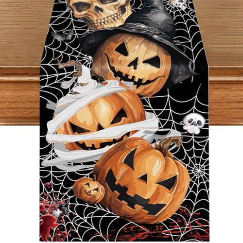 Halloween Tischläufer, Schwarz Kürbis Totenkopf Gespenst Deko Tischläufer Spinnennetz Tischwäsche für Halloween-Party,Feiertag,Küche,Esszimmer,Esstisch,Party-Dekoration,drinnen und draußen 72x13 Zoll