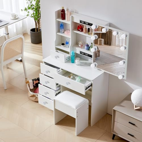 Buildonely Toeletta Trucco con Luci LED, Luminosità Regolabile, Tavolo da Trucco con Specchio, 5 Cassetti Grandi, 4 Ripiani, Toilette da Trucco con Sgabello, Moderno, Bianco