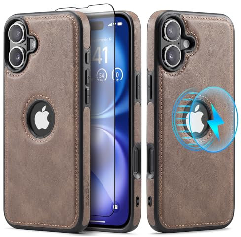 Sibada Leder Hülle für iPhone 16 Kompatibel mit Kabelloses Laden, Logo Sichtbar, Premium Veganes Leder Klassisch Elegant Handyhüllen (2024) 6.1 - Grau