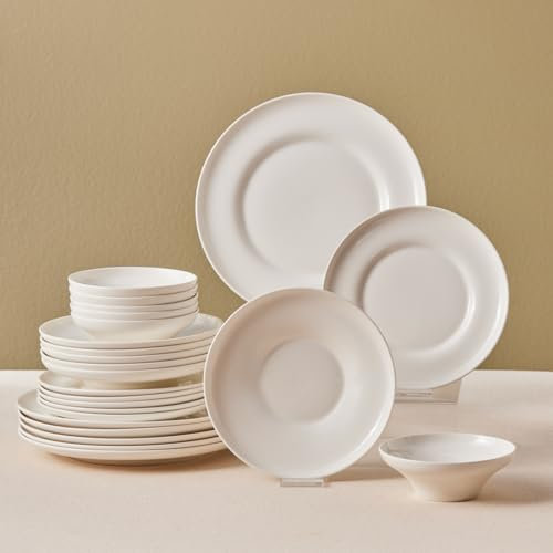 Karaca Streamline Selene White Dinner Set for 6 People - Bone China Plates and Bowl - Kitchen Dinner Service Crockery Set - 24 Piece