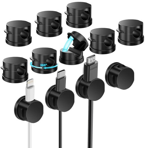 Alaoo Clips Câble Organisateur Bureau, 12 Pcs 360°Rotatif Organisateurs de Câbles Magnétiques, Range Câbles Silicone Fixe pour Câbles de Chargeur/Souris/Écouteur/Ustensiles de Cuisine, Noir