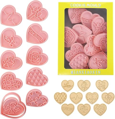 Mainiusi Herz Ausstecher für Valentinstag 10 Stück, Keksausstecher Herz Plastik Ausstechformen Herz, Keksstempel Plätzchenausstecher Stempel Herz Backen Zubehör für Selbstgemachte Kekse Schokolade