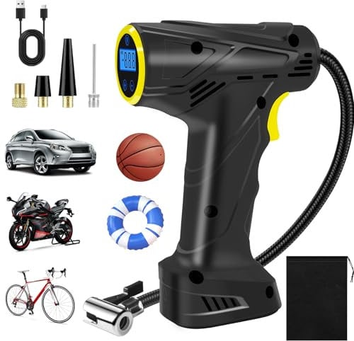 HUIYOPU Gonfleur de Pneu de Voiture sans Fil, Pompe à Air Électrique 6000 mAh, 150 PSI Compresseur à Air, Gonfleur Pneus Voiture avec lumière LED et 4 Buses, Convient pour Voiture, Moto, vélo,Boules
