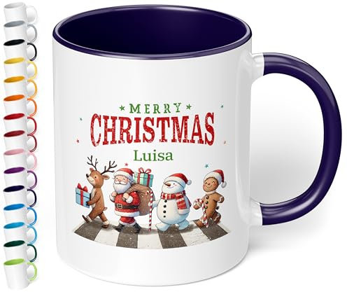 Geschenk zu Weihnachten: Tasse „Merry Christmas - Weihnachtsfiguren“ - personalisiert mit Namen - Adventszeit, Keramik, ca. 330ml, Kobaltblau