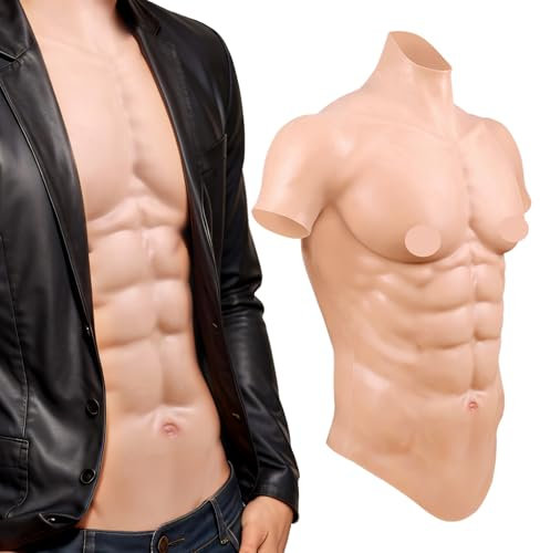 Vnmcry Réaliste Silicone Faux Musculaire Muscles Pectoraux et Abdominaux Seins Poitrine Masculine Abdominaux Pectoral Artificiel pour Cosplay (Peau Claire, Taille S - Pas de Poils Corporels)