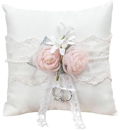 Nisone Ringkissen für Hochzeitsringe, Satin, Spitze, Blume Dekoriert, für Hochzeitsantragszeremonie, 20 x 20 cm, Weiß, PP-Baumwolle Gefüllt