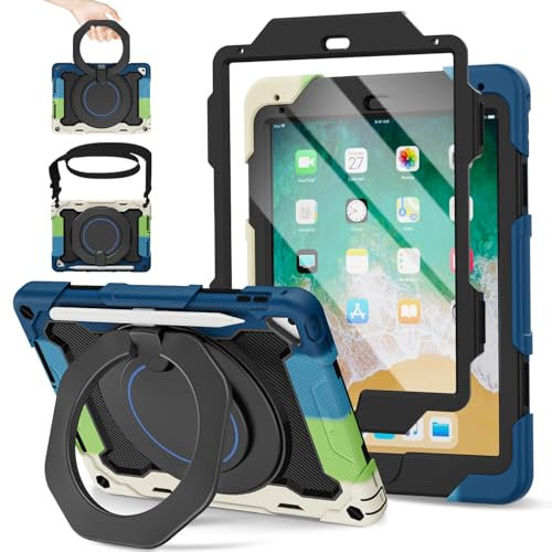 ROISKIN Case for iPad 6th/5th Generation 9.7 Inch 2017/2018 with Screen Protector: Heavy Duty Rugged Cover for iPad Air 2/ Pro 9.7 Kids Case Pencil Holder, Rotating Stand, Shoulder Strap, Black-Blue