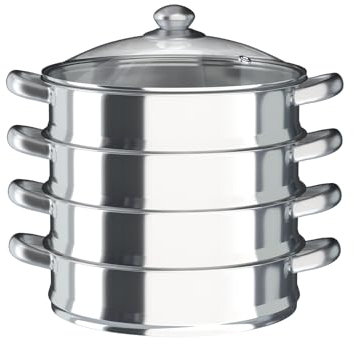 Set di pentole a vapore a 5 strati, 30 cm, multifunzione, in acciaio inox, con coperchio in vetro, vaporizzatore argentato, per tutti i piani cottura come induzione, elettroceramica, elettrico