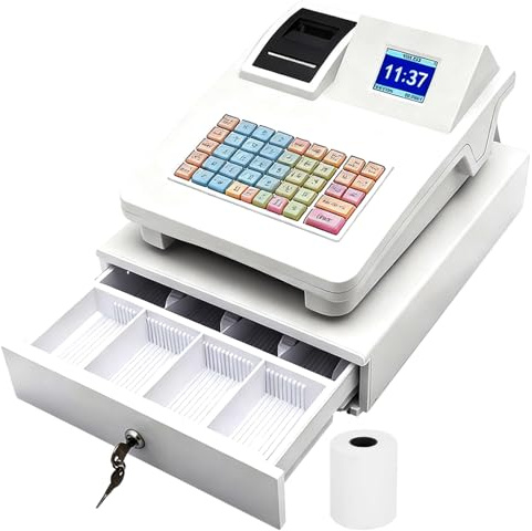 Elektronische Kasse, Registrierkasse Supermarkt Einzelhandelskasse Kassensystem Mit Led Restaurant Kasse 48 Tasten Für Kleine Inkl Kassenschublade für Restaurants Supermärkte Convenience Stores White