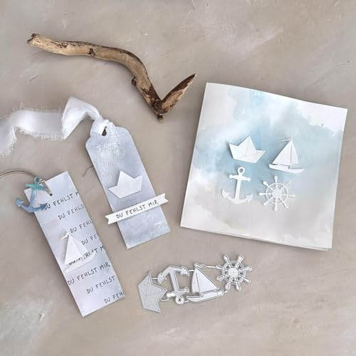 Simple Lettering est. 2017 Stanzschablonen Set Maritim Papierboot, Anker, Steuerrad, bis 4x4cm, 4-TLG.