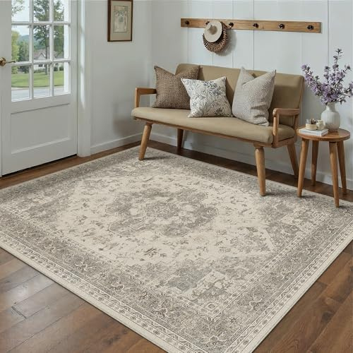 PureCozy Waschbarer Teppich Wohnzimmer 140x200cm Vintage Tepich，Beige Grau | Weich Kurzflor Groß Carpet, Rutschfest, Leicht, Schlafzimmer, Esszimmer, Büro, Kinderzimmer